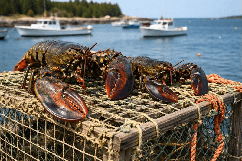 Fresh lobsters resting on a trap beside fishing boats in a harbor.